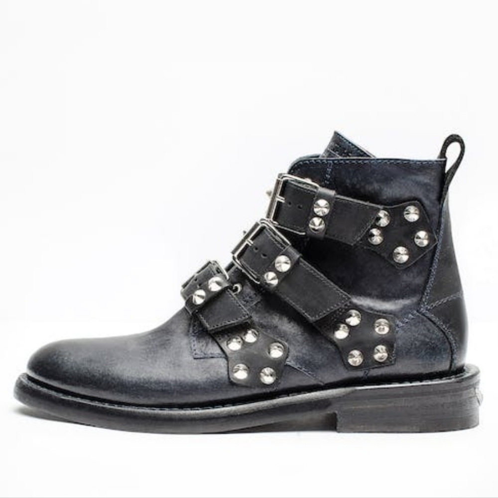 Zadig & Voltaire Black Combat Boots with Silver Accents